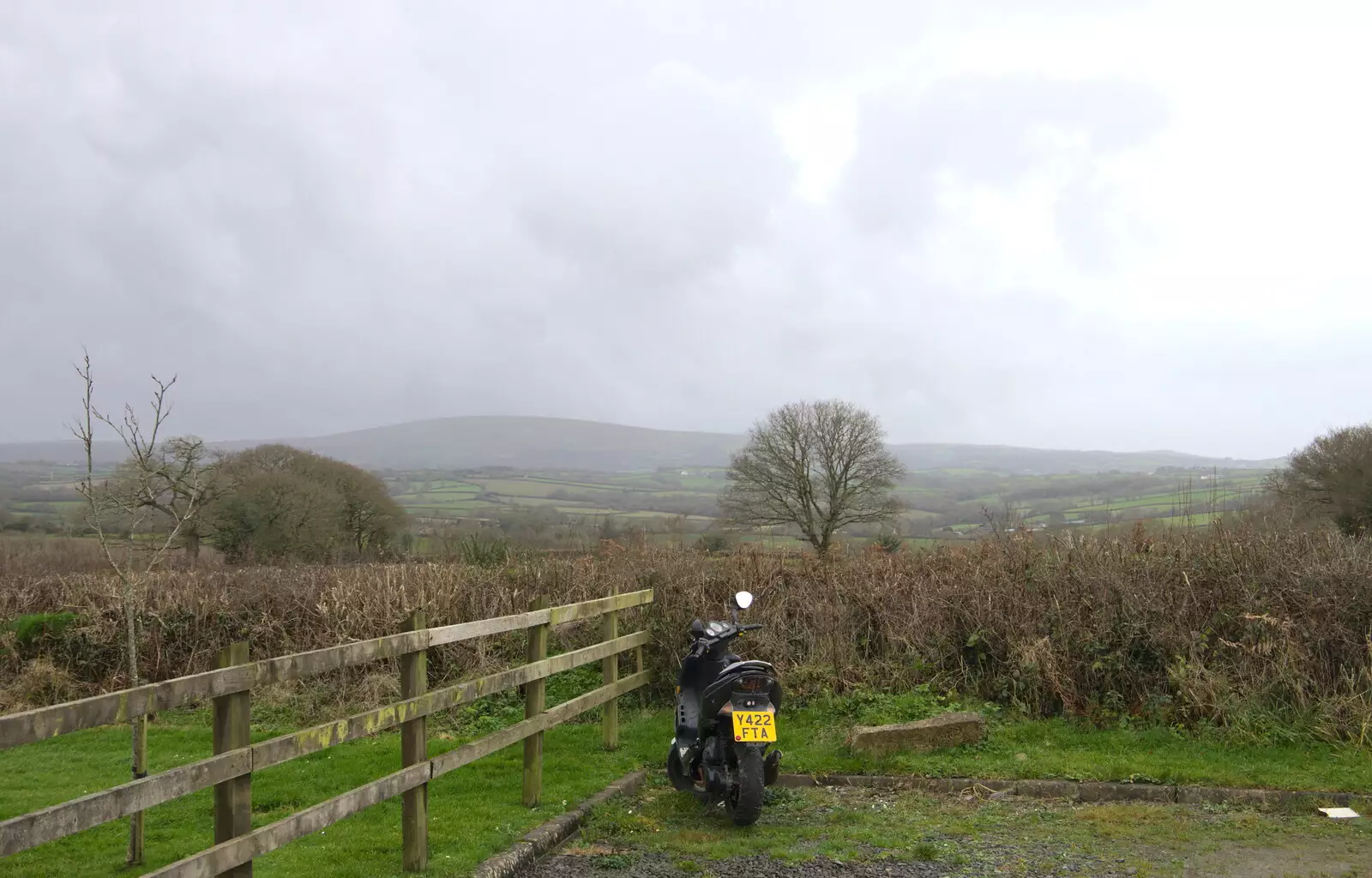 There's a lone motorobike in the shop car park, from New Year's Eve in Spreyton, Devon - 31st December 2017