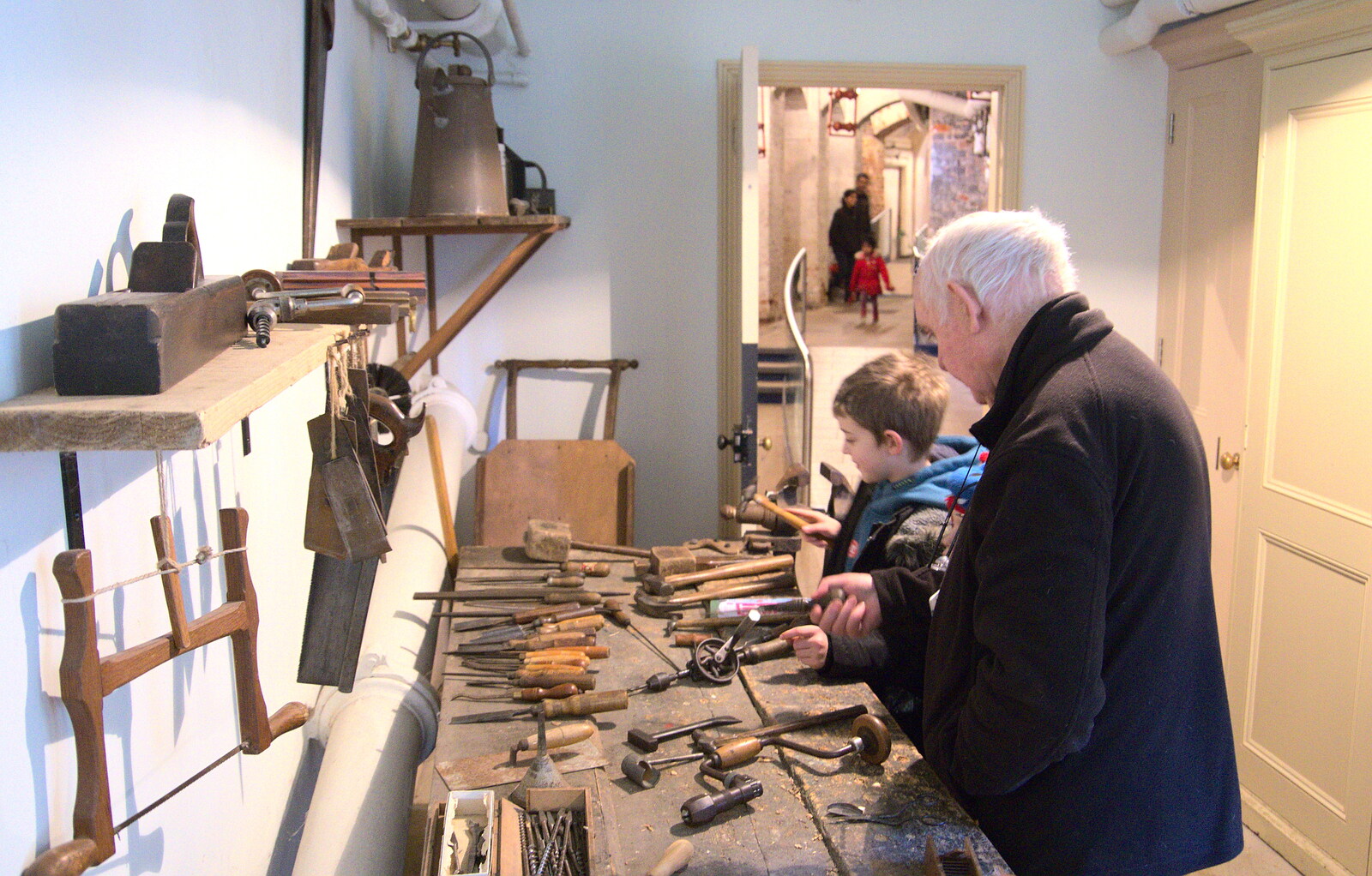 Fred tries some early 20th century wood tools from Life Below Stairs, Ickworth House, Horringer, Suffolk - 28th January 2018