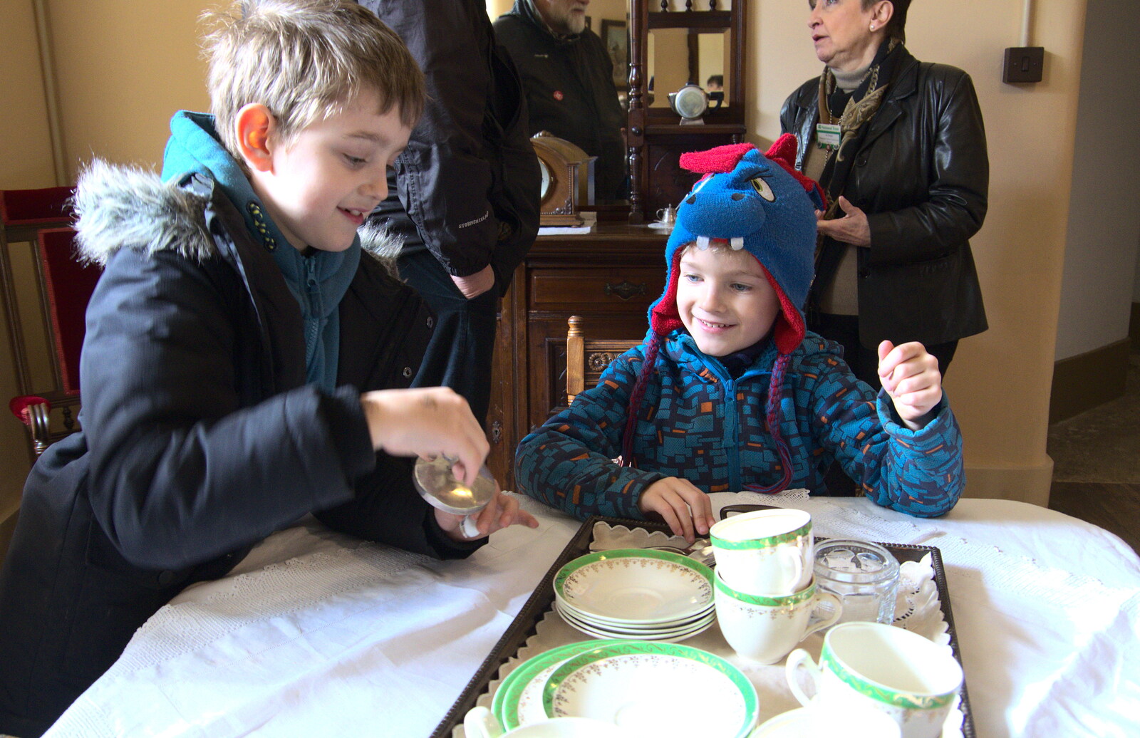 The boys have fun with some old sugar tongs from Life Below Stairs, Ickworth House, Horringer, Suffolk - 28th January 2018