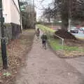 The boys run off up the hill past the surgery, Paddington Fire Alarms and Mere Moments Café, Diss, Norfolk - 2nd February 2018