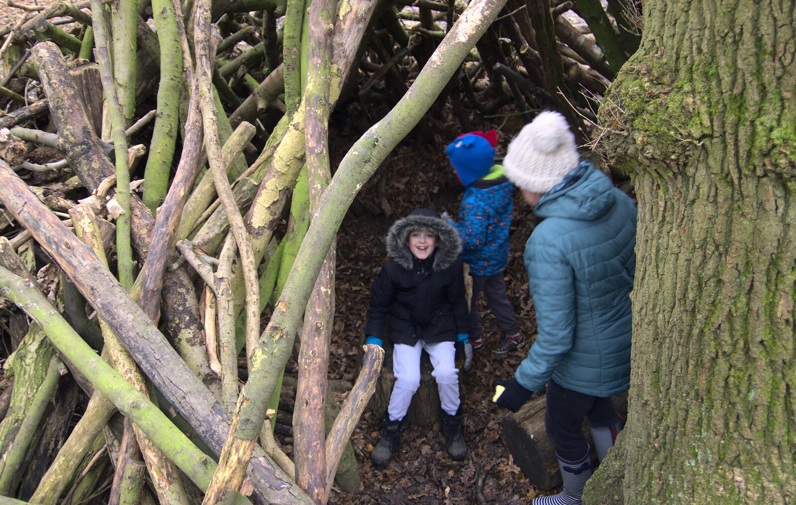 The gang in a den from A Return to Thornham Walks, Suffolk - 4th February 2018