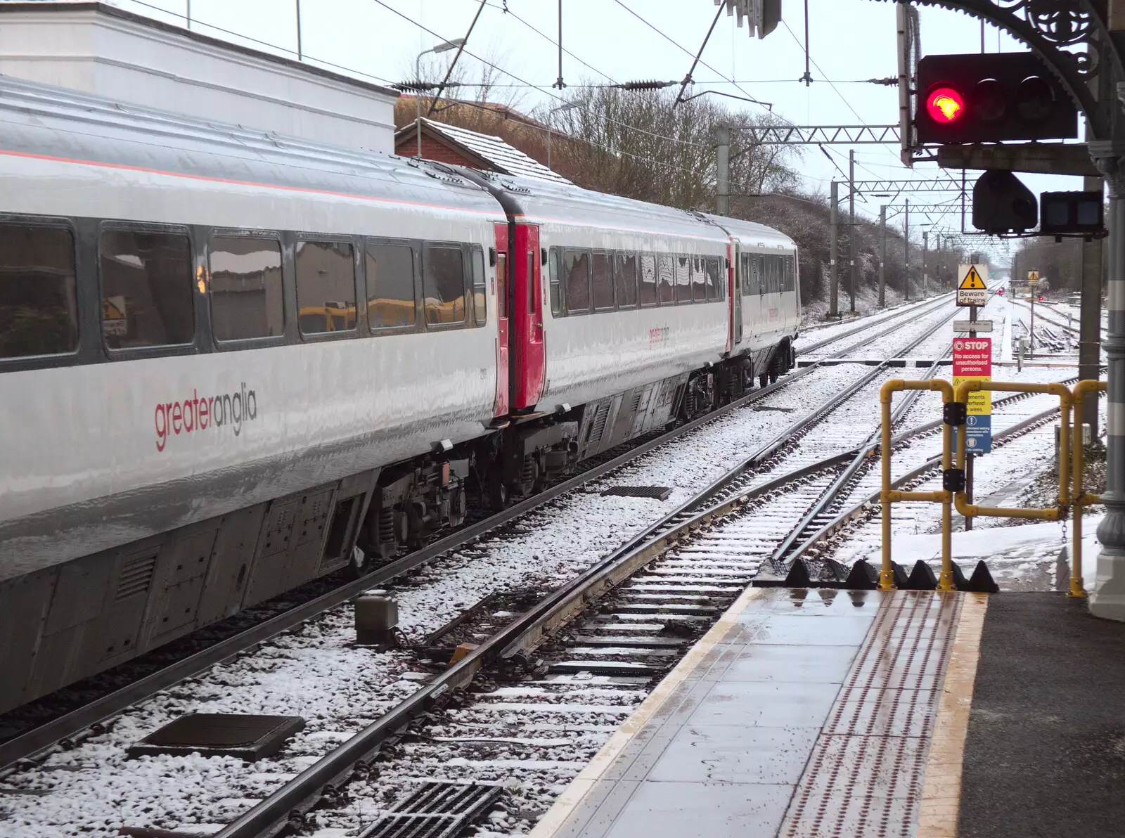 Snow at Diss Station, as the Norwich train waits, from Quizzes and Library Books: a February Miscellany, Diss and Eye - 10th February 2018