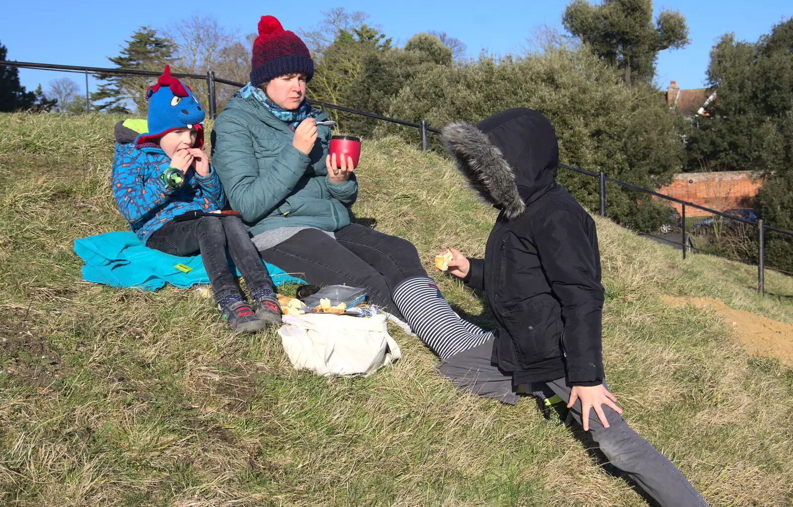 Picnic on the motte, from An Orford Day Out, Orford, Suffolk - 17th February 2018