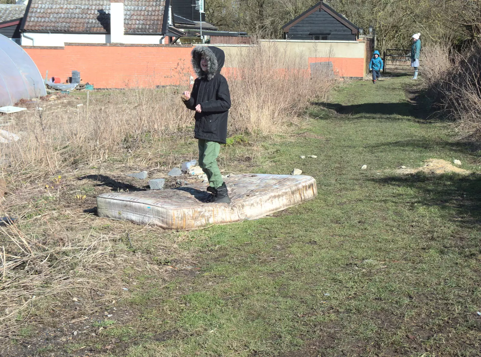 Fred bounces around on a manky old mattress, from A Walk Around Eye, and the Return of Red Tent, Suffolk and London - 25th February 2018