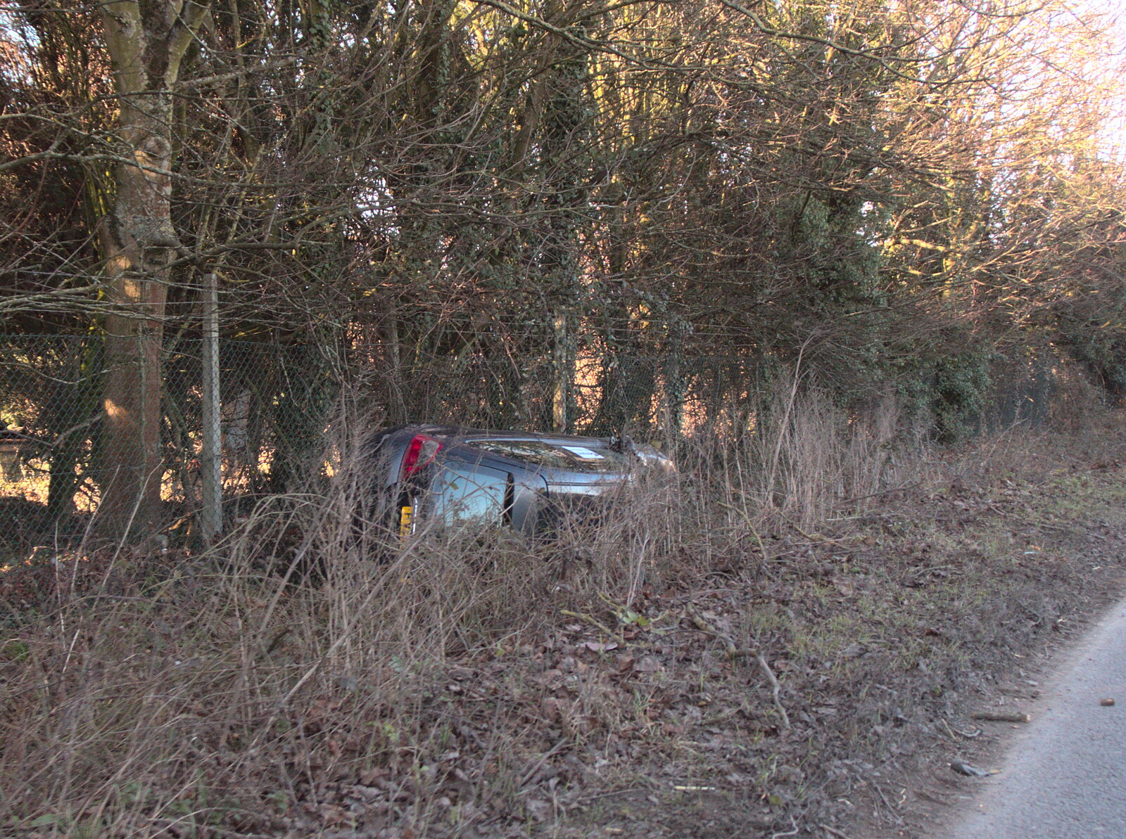 Some tool has tipped their car into a ditch from A Walk Around Eye, and the Return of Red Tent, Suffolk and London - 25th February 2018
