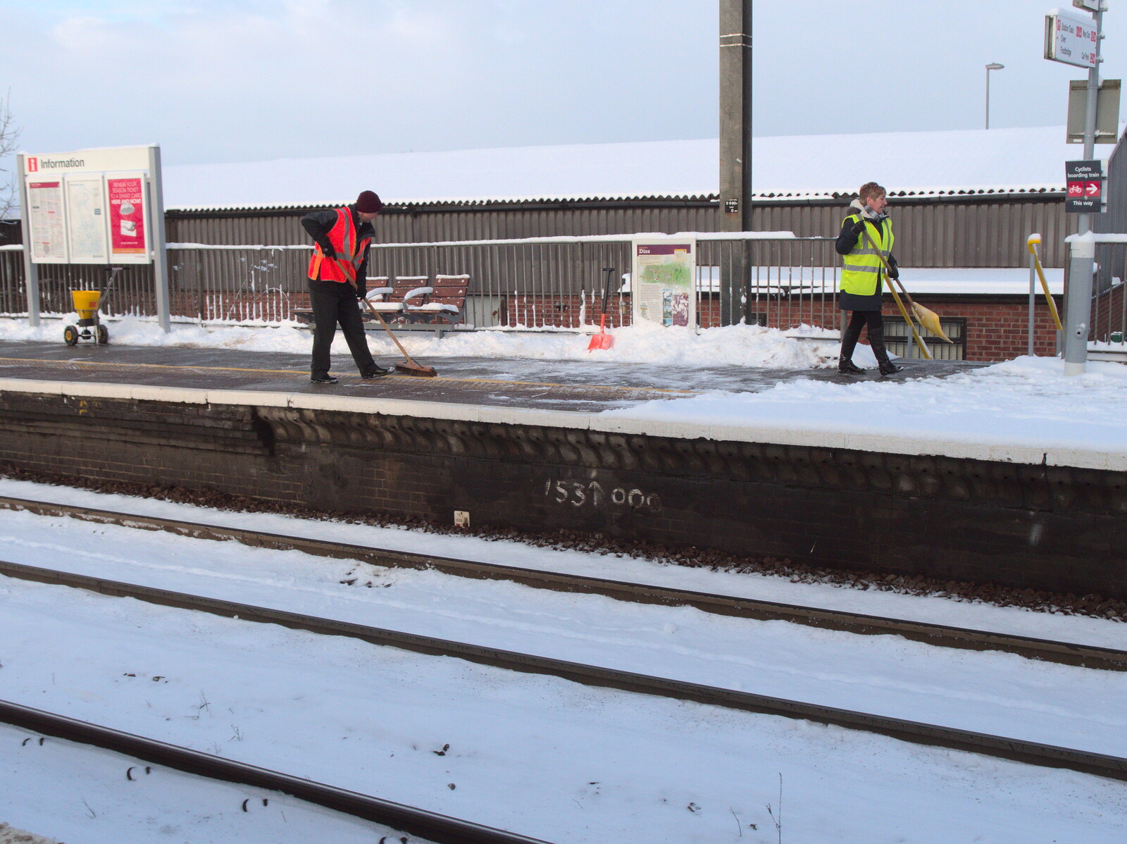 Snowmageddon: The Beast From the East, Suffolk and London - 27th February 2018: Down at Diss Station, the platform is being cleared