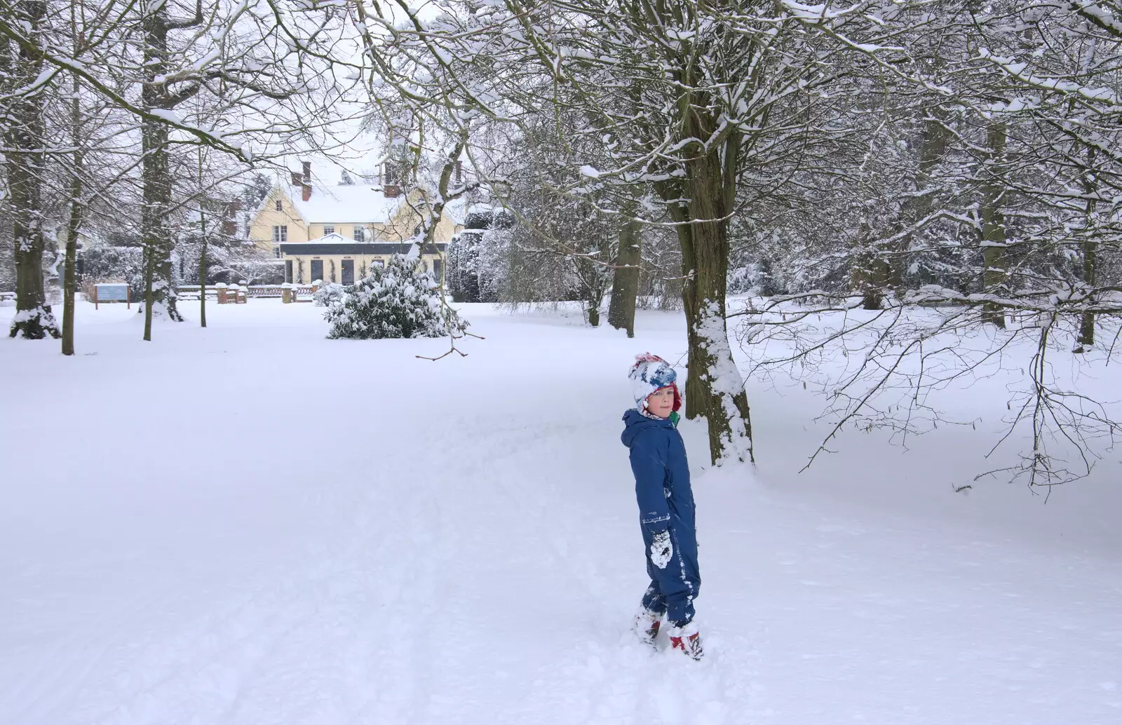 Harry looks back as he heads back home, from The Beast From the East: Snow Days, Brome, Suffolk - 28th February 2018