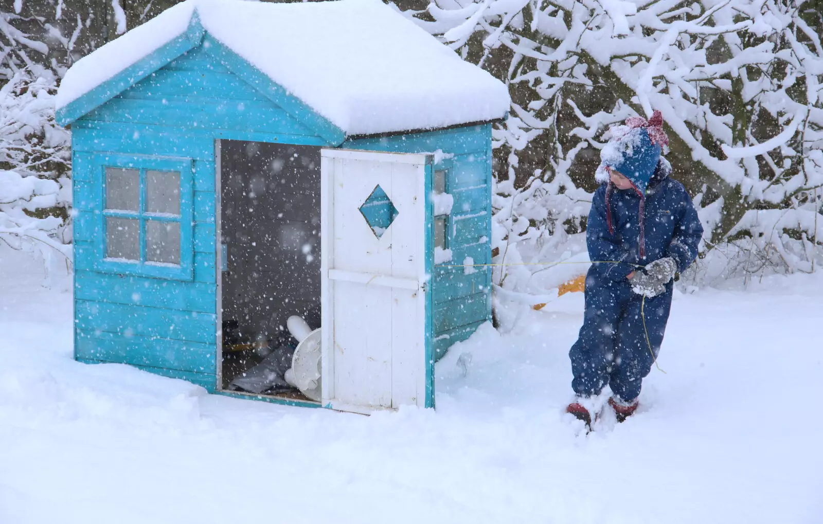 Harry opens up the boys' garden house, from The Beast From the East: Snow Days, Brome, Suffolk - 28th February 2018