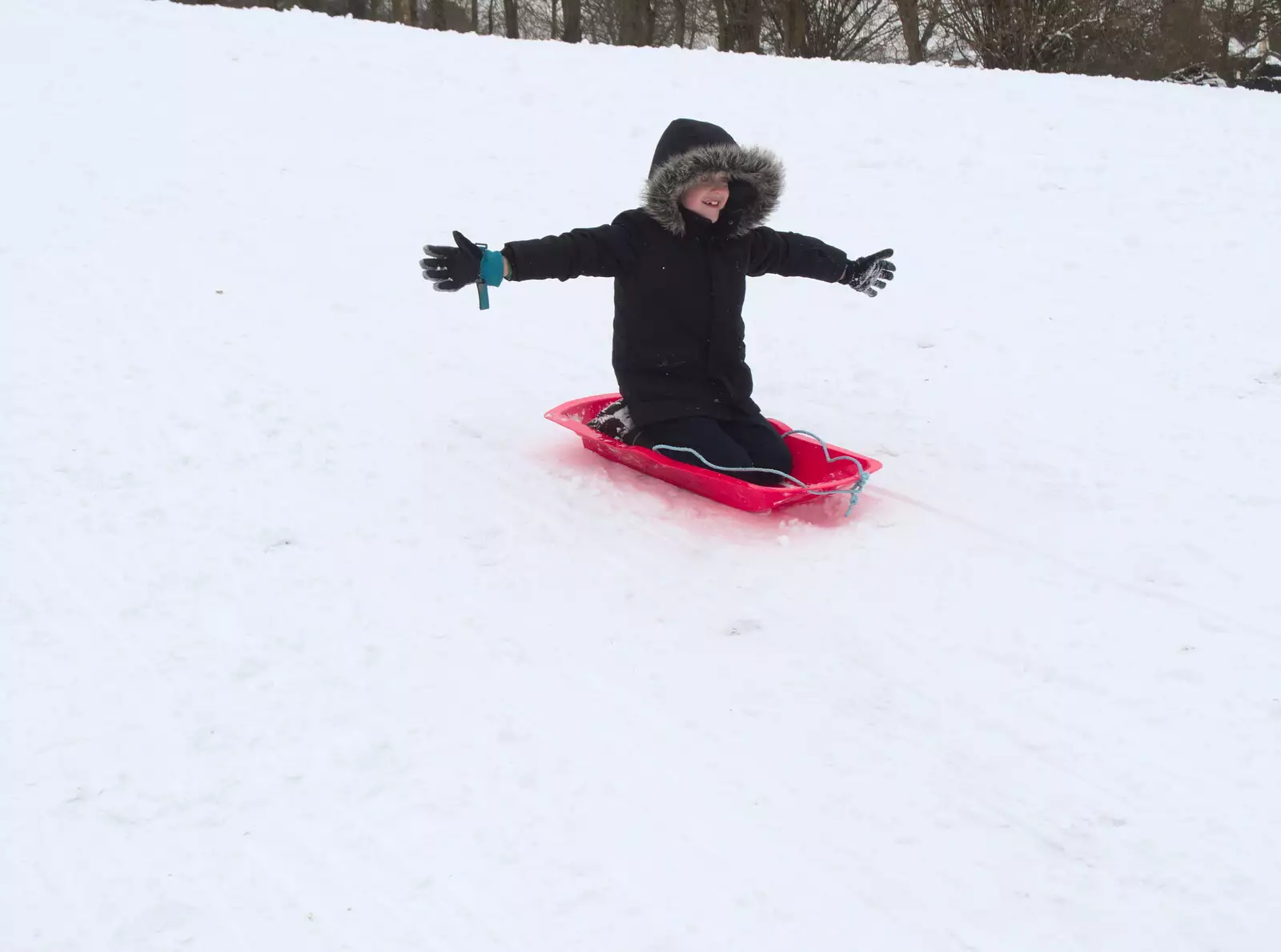 Fred slides down hands free, from More March Snow and a Postcard from Diss, Norfolk - 3rd March 2018