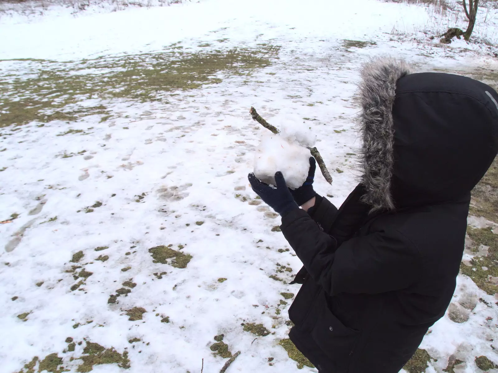 Fred makes some sort of portable snowman with twig arms, from The End of the Beast (From the East), Brome, Suffolk - 4th March 2018