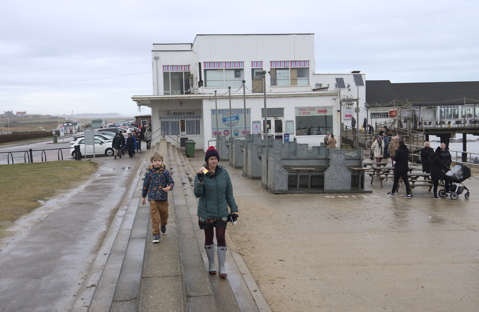Harry and Isobel on the wall near the Beach Café from A Southwold Car Picnic, Southwold, Suffolk - 11th March 2018