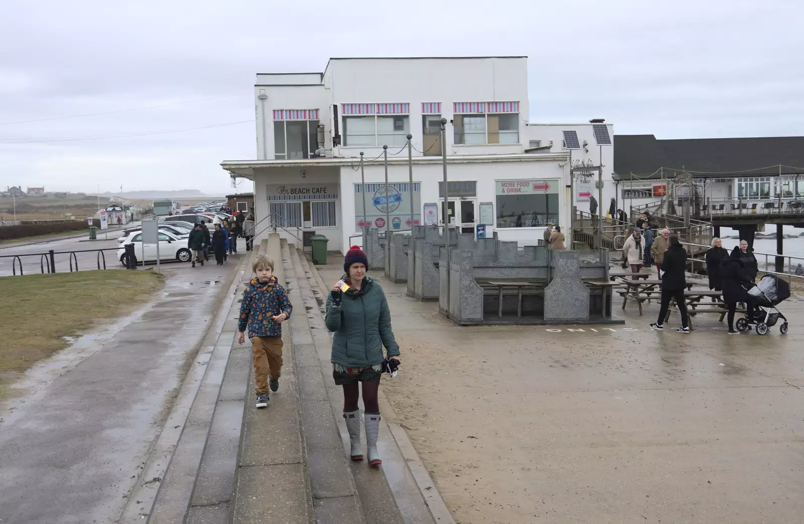 Harry and Isobel on the wall near the Beach Café, from A Southwold Car Picnic, Southwold, Suffolk - 11th March 2018