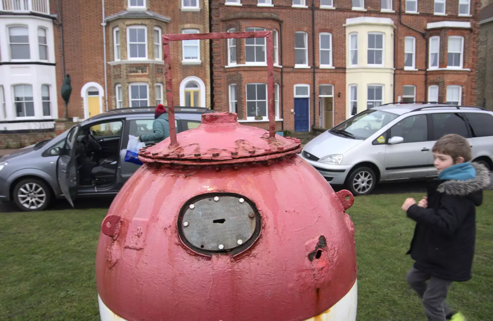 Fred bounces around by a sea mine, from A Southwold Car Picnic, Southwold, Suffolk - 11th March 2018