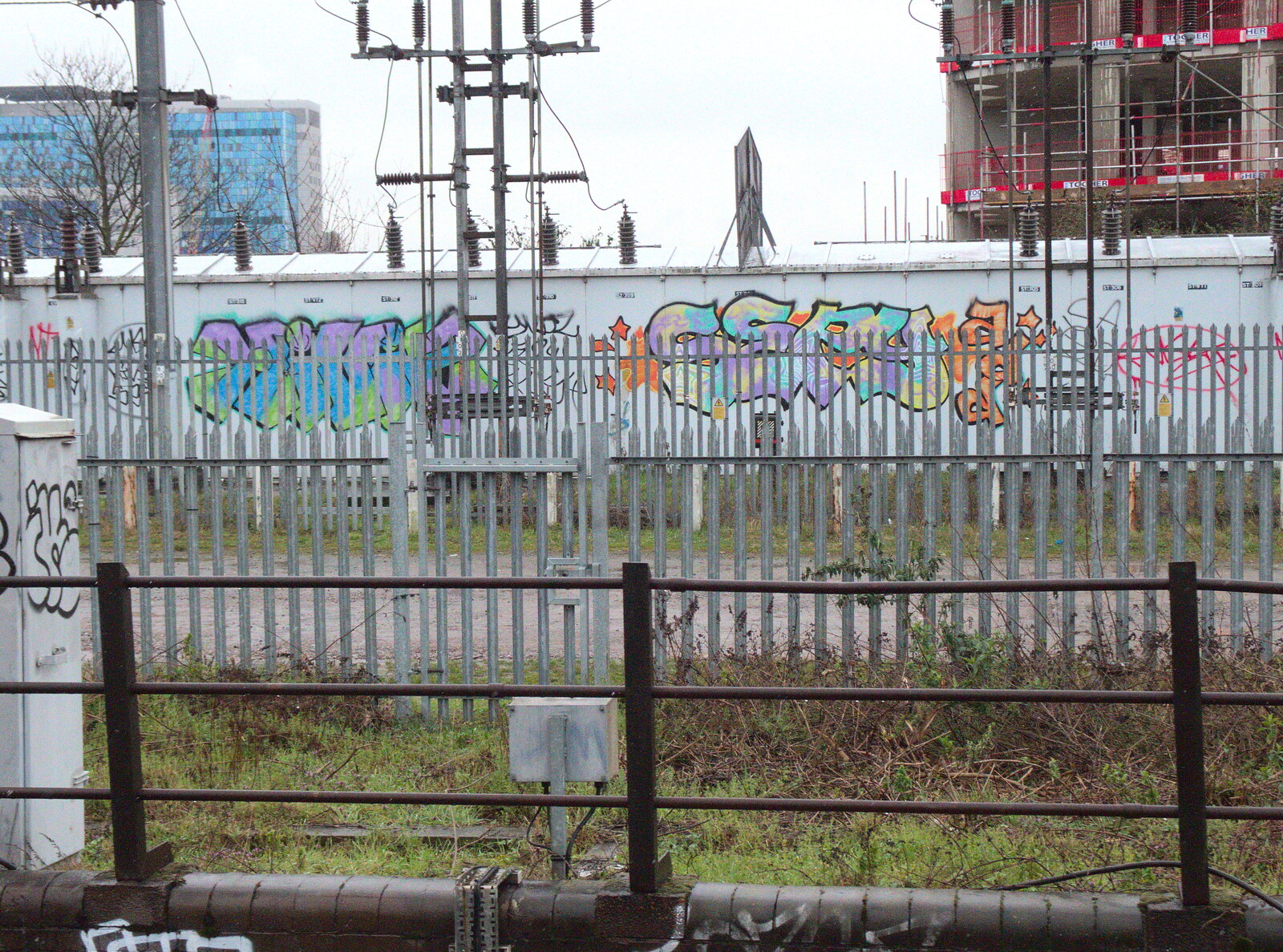 Colourful tags on an electrical substation from Trackside Graffiti, and Harry's Cake, London and Suffolk - 28th March 2018