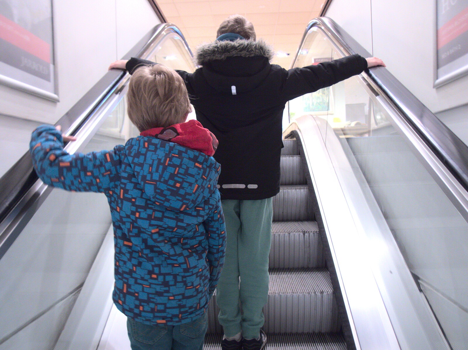 The boys on the escalator at Jarrolds in Norwich from A Couple of Trips to Norwich, Norfolk - 31st March 2018