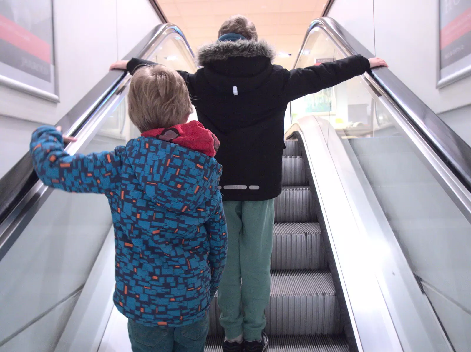 The boys on the escalator at Jarrolds in Norwich, from A Couple of Trips to Norwich, Norfolk - 31st March 2018