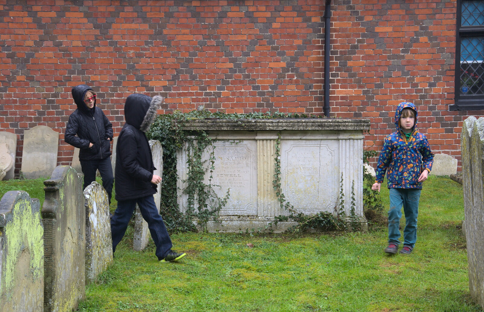Elliot, Fred and Harry in the churchyard from Darts at the Beaky, and a Visit From Brussels, Occold and Thorndon, Suffolk - 9th April 2018
