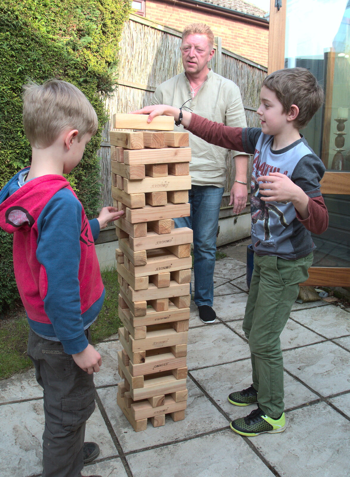 Fred and Harry play Jenga from An Afternoon Round Gaz and Sandie's, Eye, Suffolk - 14th April 2018