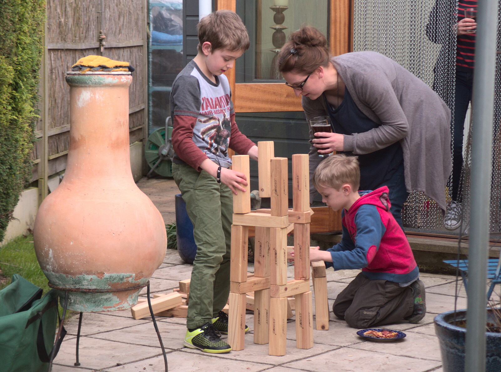 The boys start building a Jenga construction from An Afternoon Round Gaz and Sandie's, Eye, Suffolk - 14th April 2018