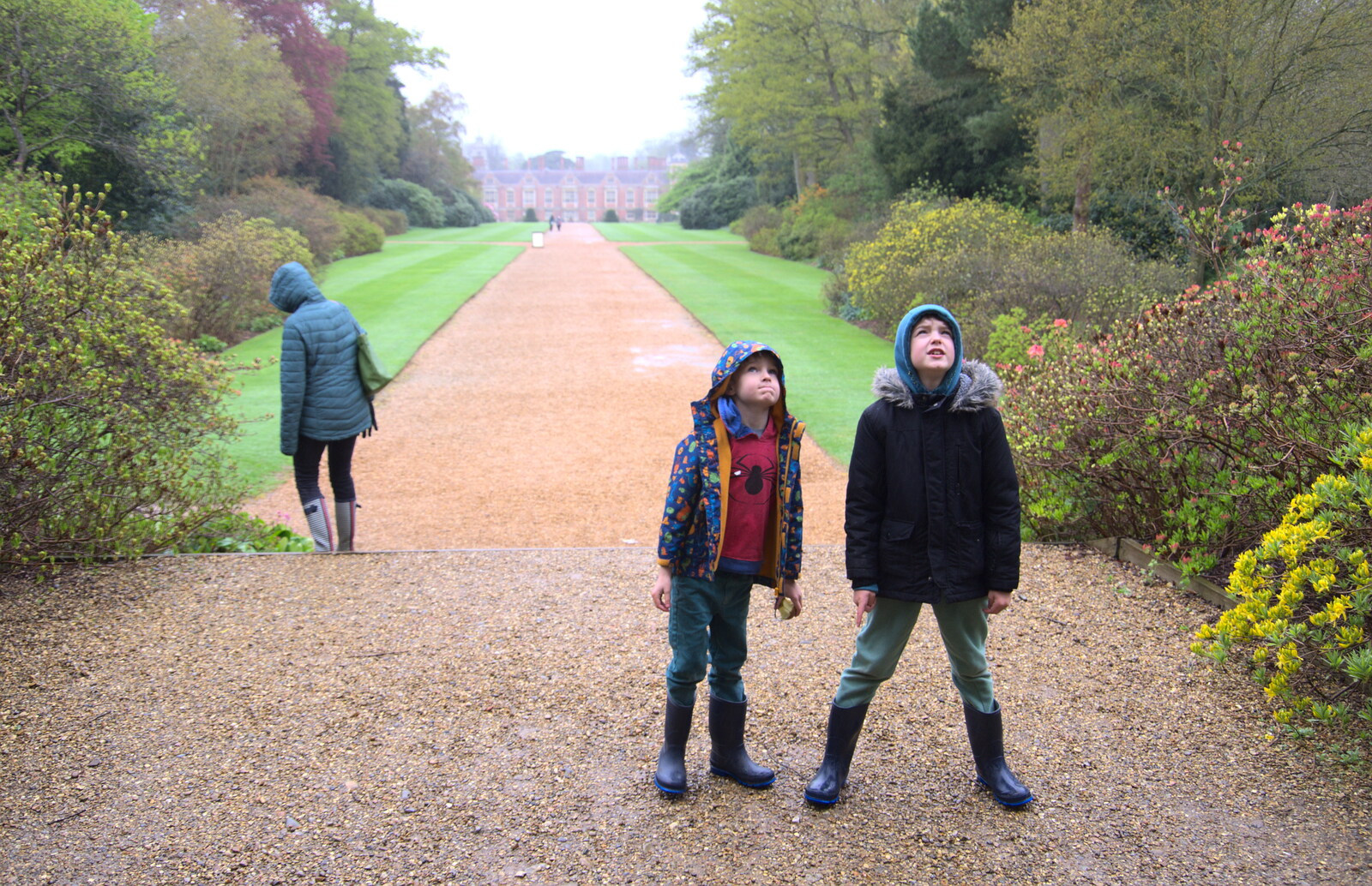 Both the boys are now peering up from A Trip to Blickling Hall, Aylsham, Norfolk - 29th April 2018