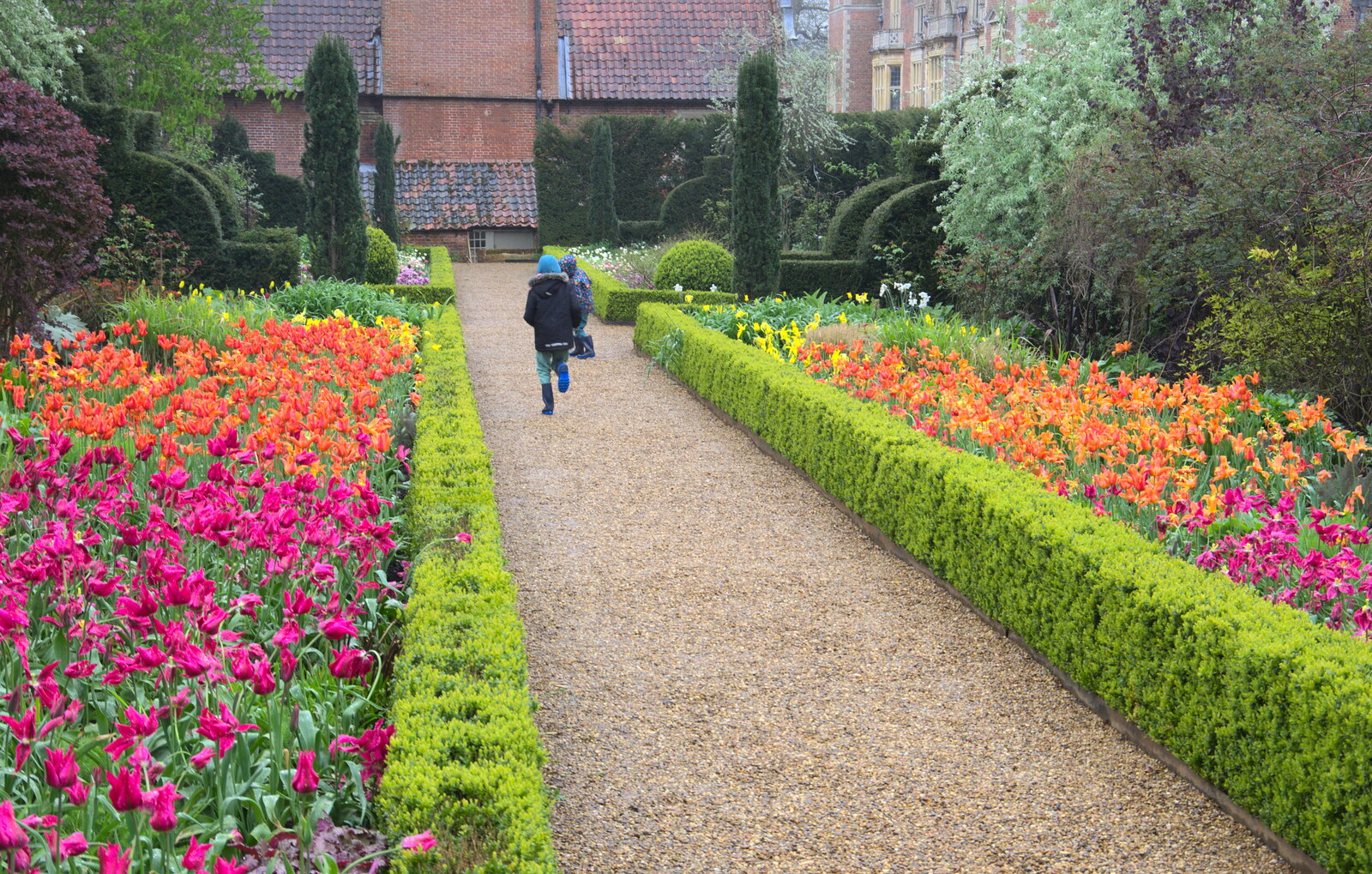 The boys run through the tulip garden from A Trip to Blickling Hall, Aylsham, Norfolk - 29th April 2018