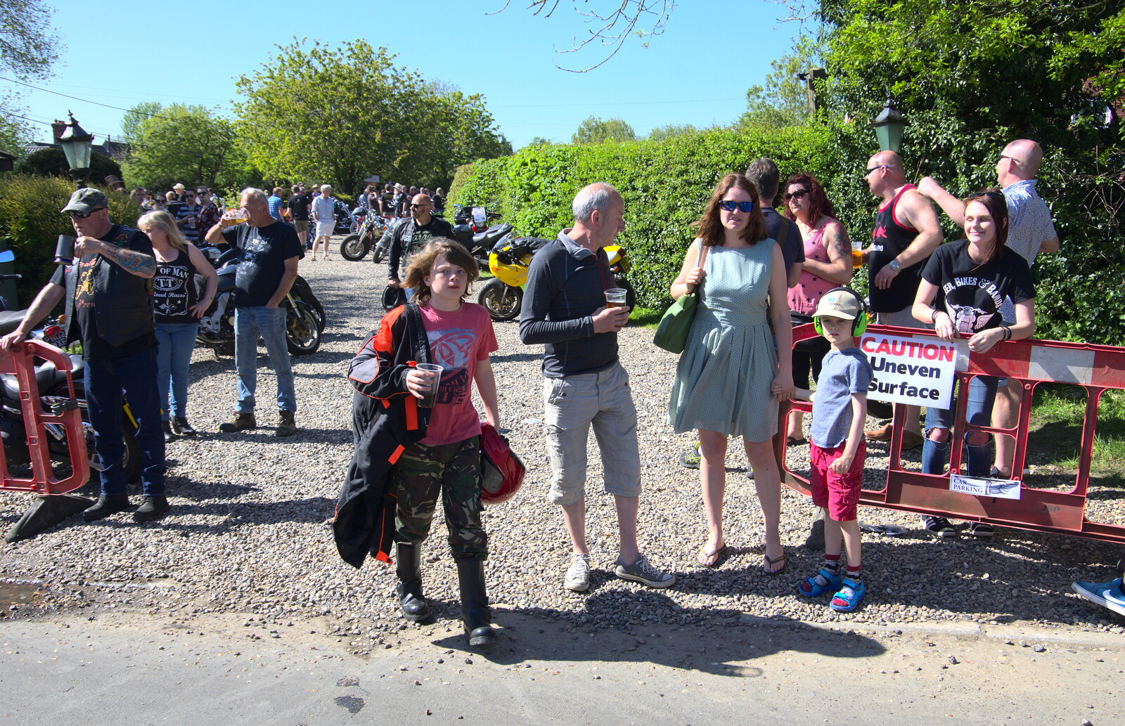 DH, Isobel and Harry are in the crowd from Beer, Bikes and Bands, Burston Crown, Burston, Norfolk - 6th May 2018