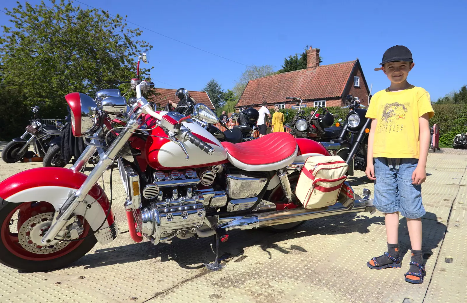 Fred stands next to a truly massive v-6 motorbike, from Beer, Bikes and Bands, Burston Crown, Burston, Norfolk - 6th May 2018