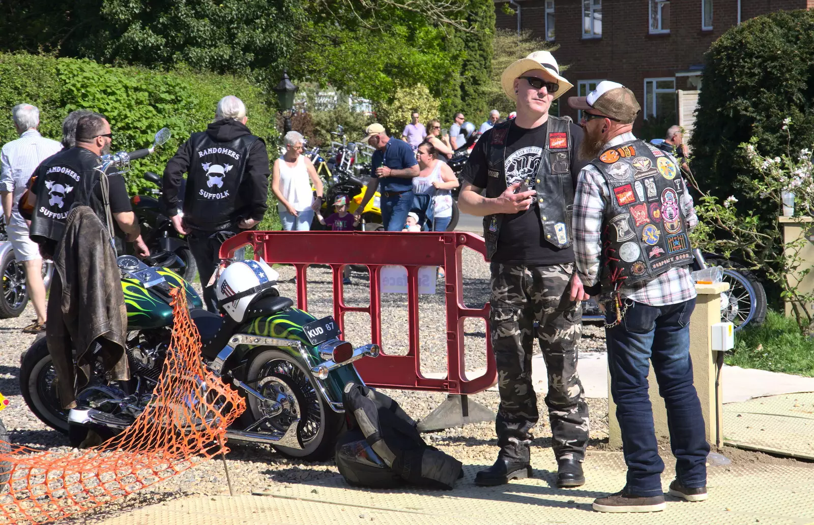 Bikers have a chat, from Beer, Bikes and Bands, Burston Crown, Burston, Norfolk - 6th May 2018