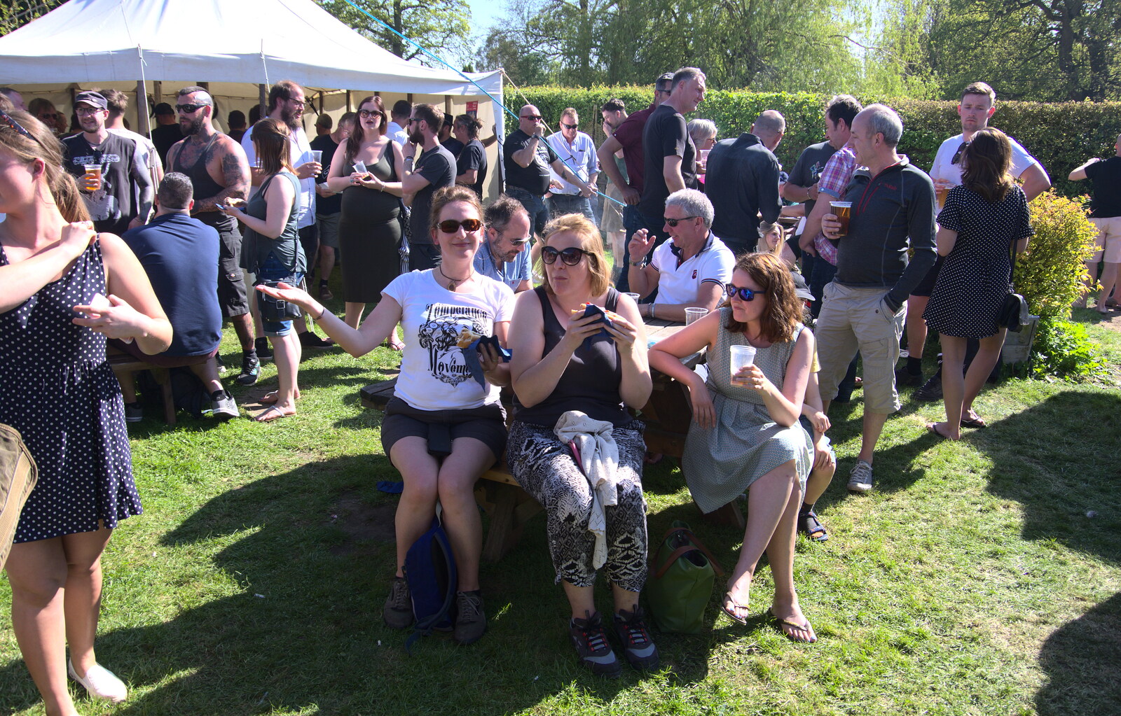 Suey, Sarah and Isobel on a bench from Beer, Bikes and Bands, Burston Crown, Burston, Norfolk - 6th May 2018