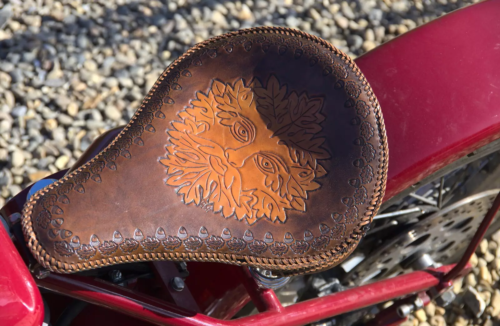 Nice 'Green Man' leather seat, from Beer, Bikes and Bands, Burston Crown, Burston, Norfolk - 6th May 2018