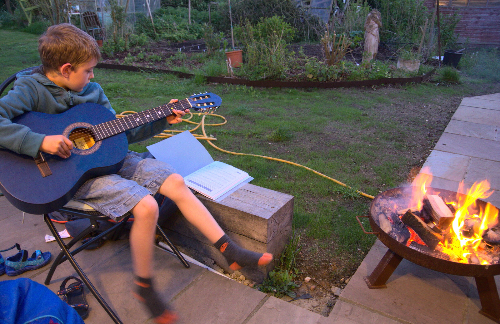 Back at home, Fred plays guitar round the fire from Beer, Bikes and Bands, Burston Crown, Burston, Norfolk - 6th May 2018