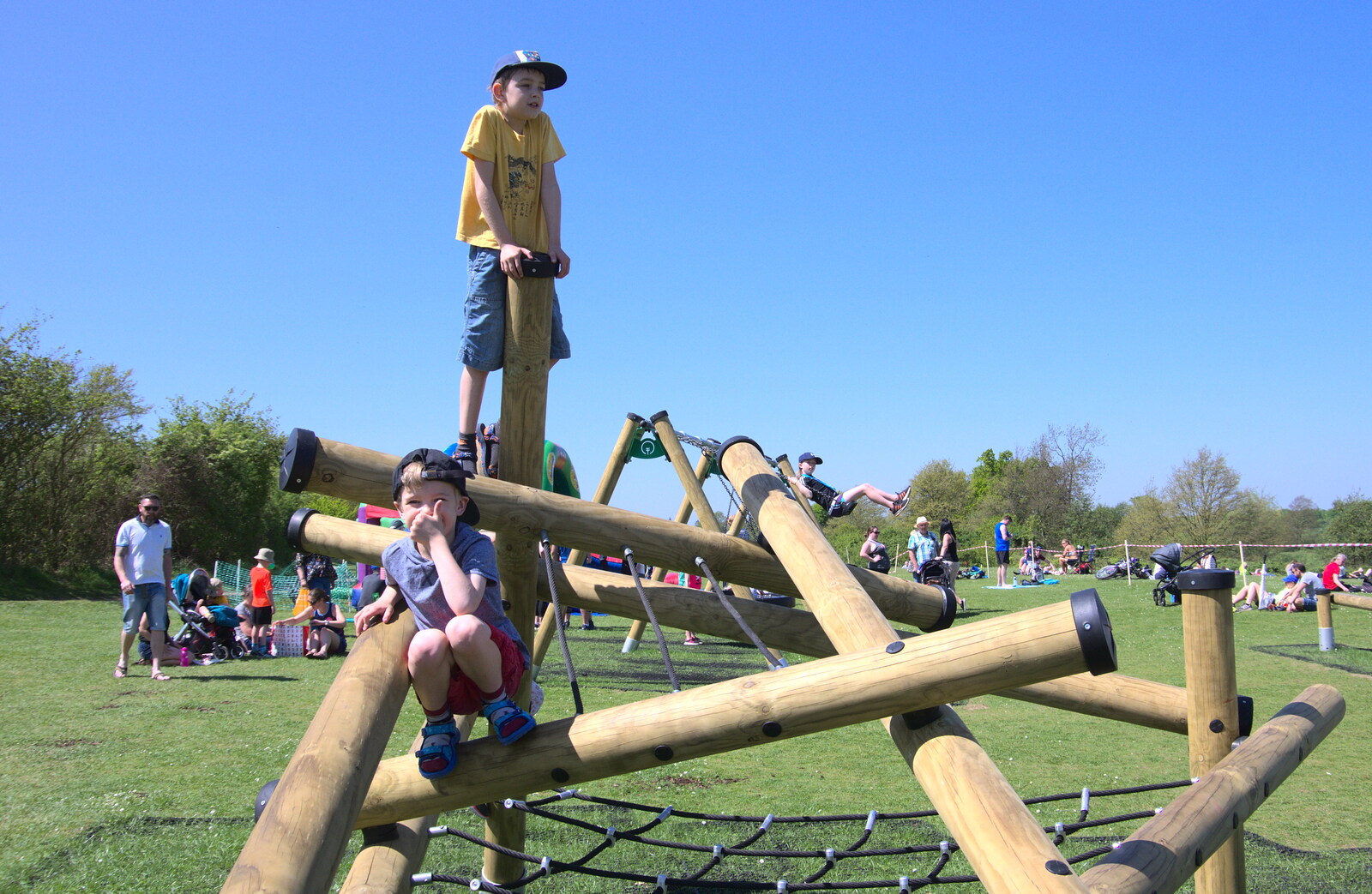 The boys are on a climbing frame from Isobel's 10km Run, Alton Water, Stutton, Suffolk - 6th May 2018