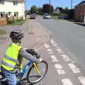 Fred waits to turn onto the main road, A Bike Ride to the Railway Tavern, Mellis, Suffolk - 7th May 2018