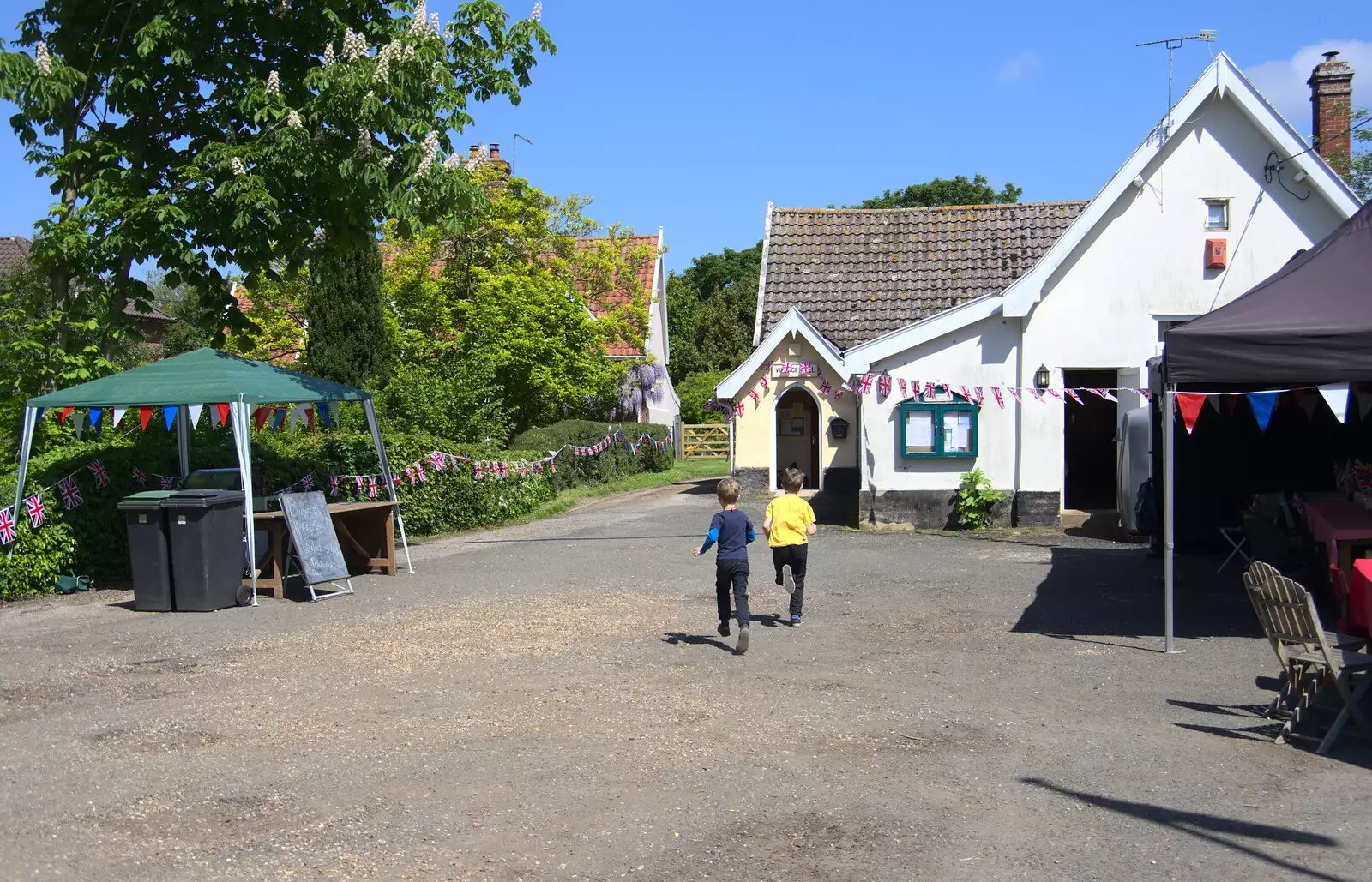 The boys run into the hall, from A Right Royal Wedding at the Village Hall, Brome, Suffolk - 19th May 2018