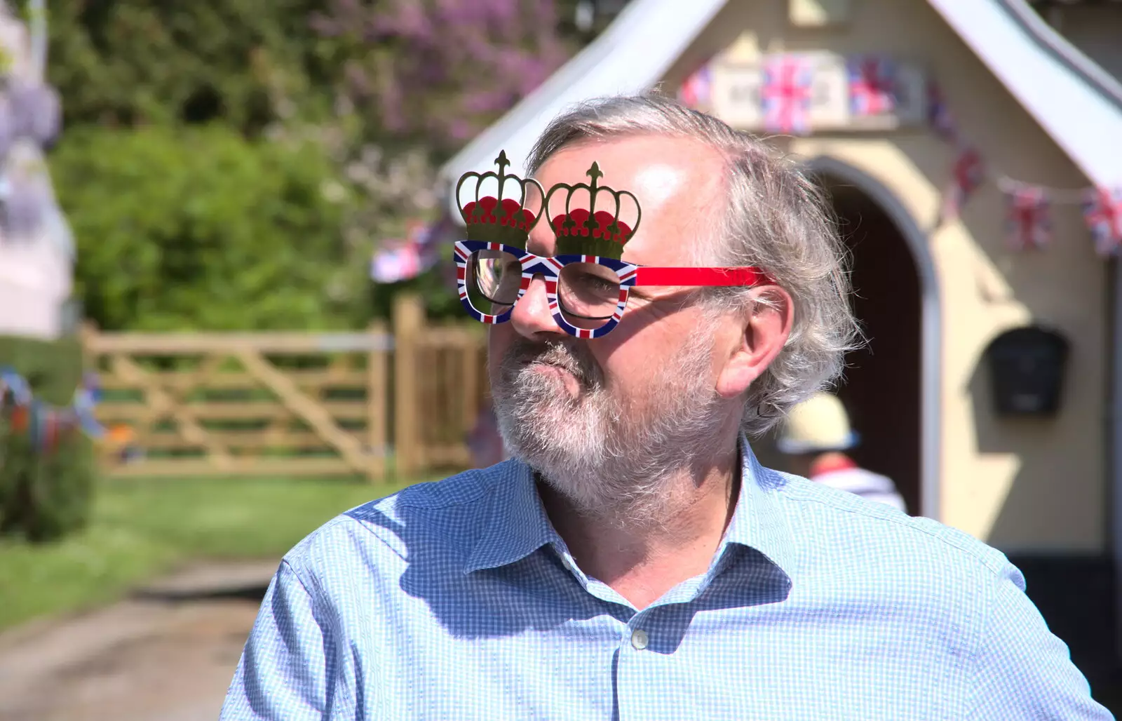 Someone's already getting into the spirit of it, from A Right Royal Wedding at the Village Hall, Brome, Suffolk - 19th May 2018