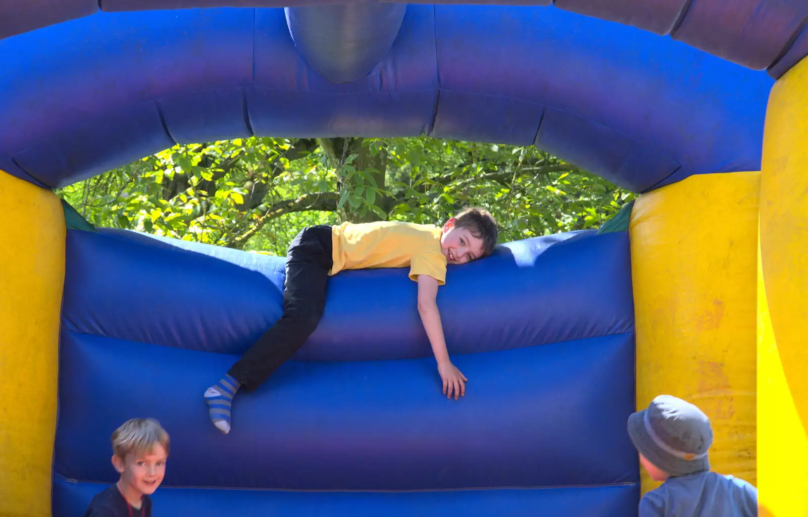 Fred hugs the bouncy castle, from A Right Royal Wedding at the Village Hall, Brome, Suffolk - 19th May 2018