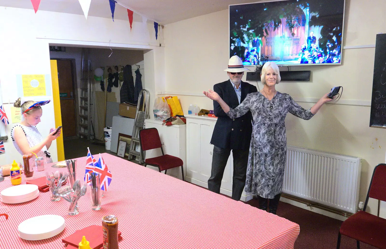 The new Village Hall TV is officially unveiled, from A Right Royal Wedding at the Village Hall, Brome, Suffolk - 19th May 2018