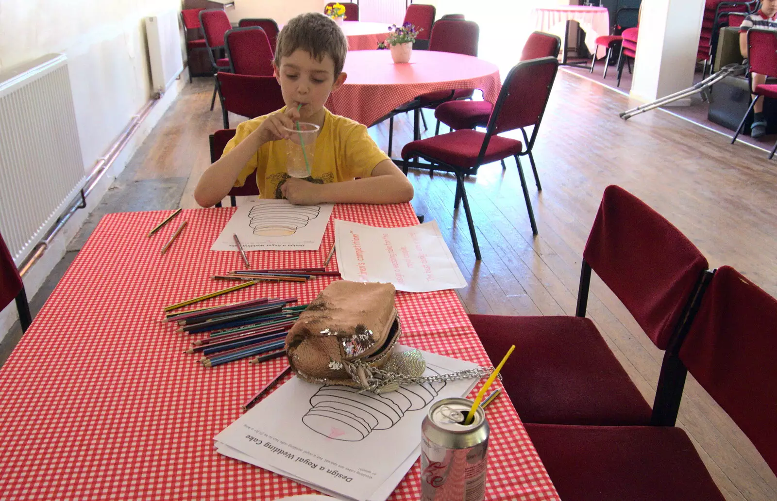 Fred slurps lemonade and thinks about colouring in, from A Right Royal Wedding at the Village Hall, Brome, Suffolk - 19th May 2018