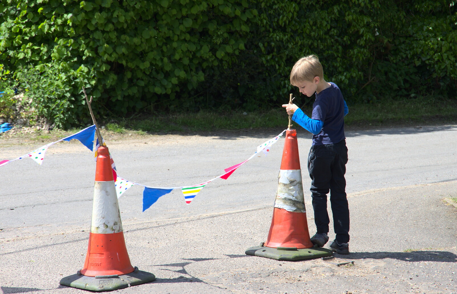 Harry is poking sticks into traffic cones from A Right Royal Wedding at the Village Hall, Brome, Suffolk - 19th May 2018