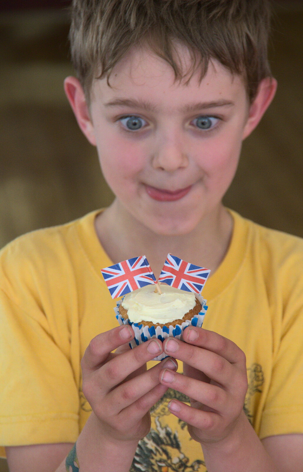 Fred seems excited with his cup cake from A Right Royal Wedding at the Village Hall, Brome, Suffolk - 19th May 2018