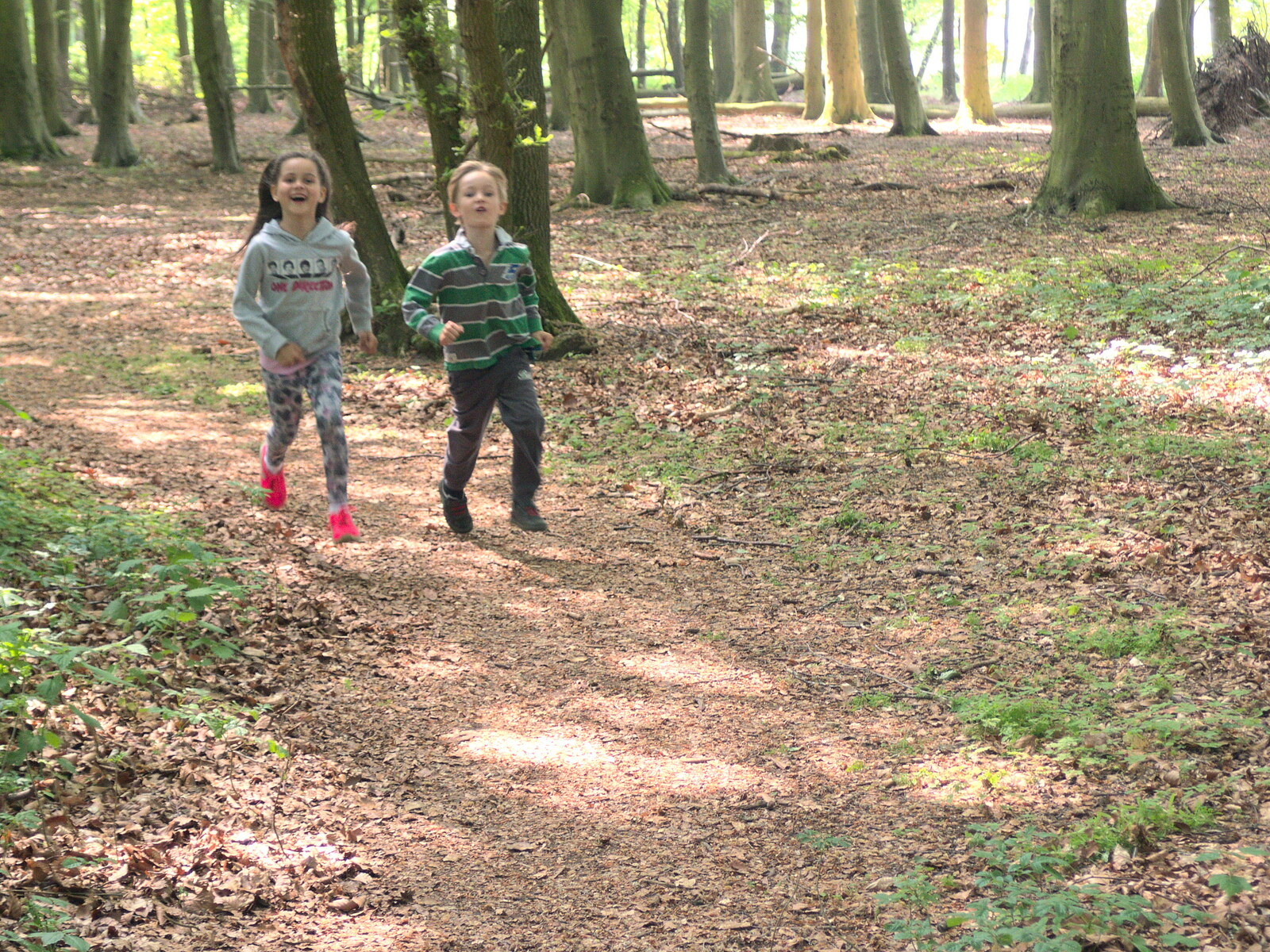 Harry and new friend Isobel run through the forest from Dower House Camping, West Harling, Norfolk - 27th May 2018