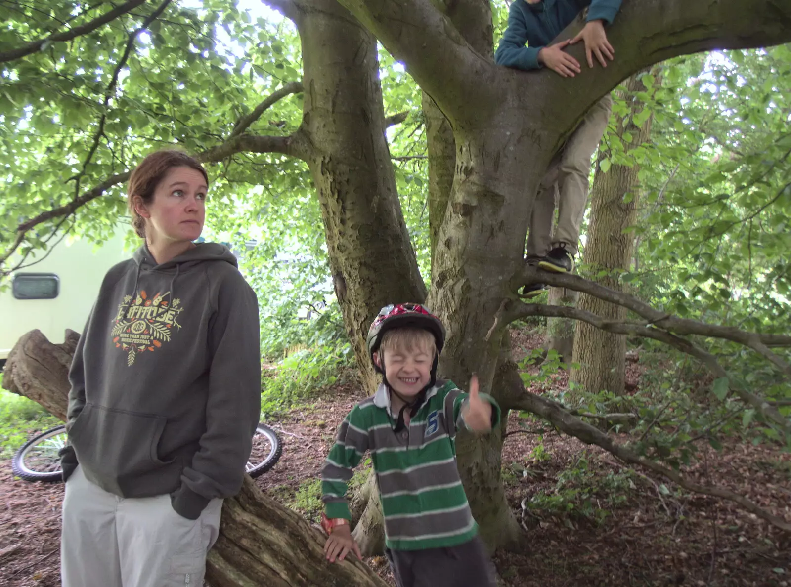 The gang are in the boys' 'secret base', from Dower House Camping, West Harling, Norfolk - 27th May 2018