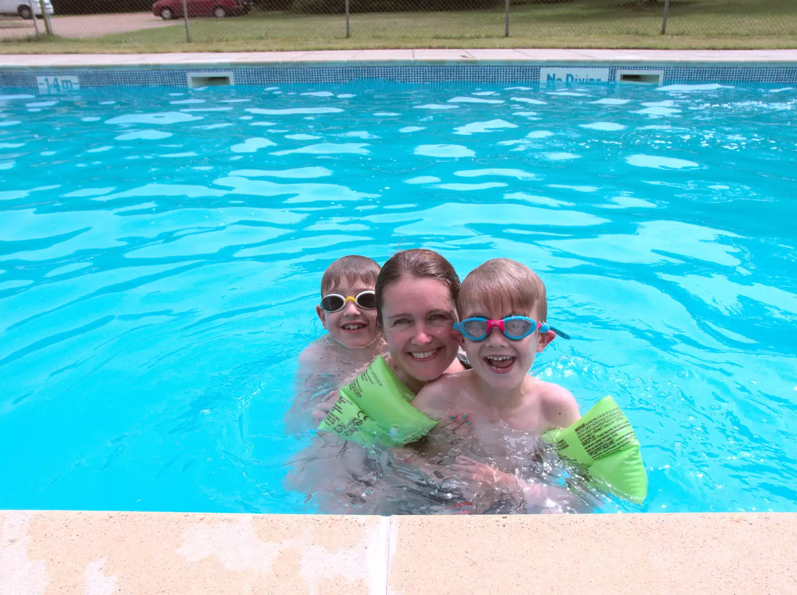 Fred, Isobel and Harry in the campsite pool, from Dower House Camping, West Harling, Norfolk - 27th May 2018