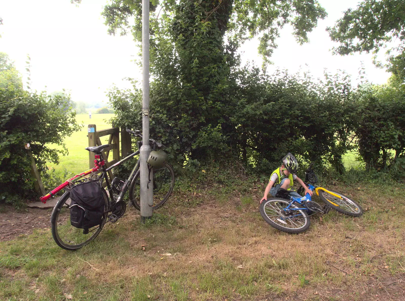 Nosher and Fred wait outside the sports field, from Dower House Camping, West Harling, Norfolk - 27th May 2018