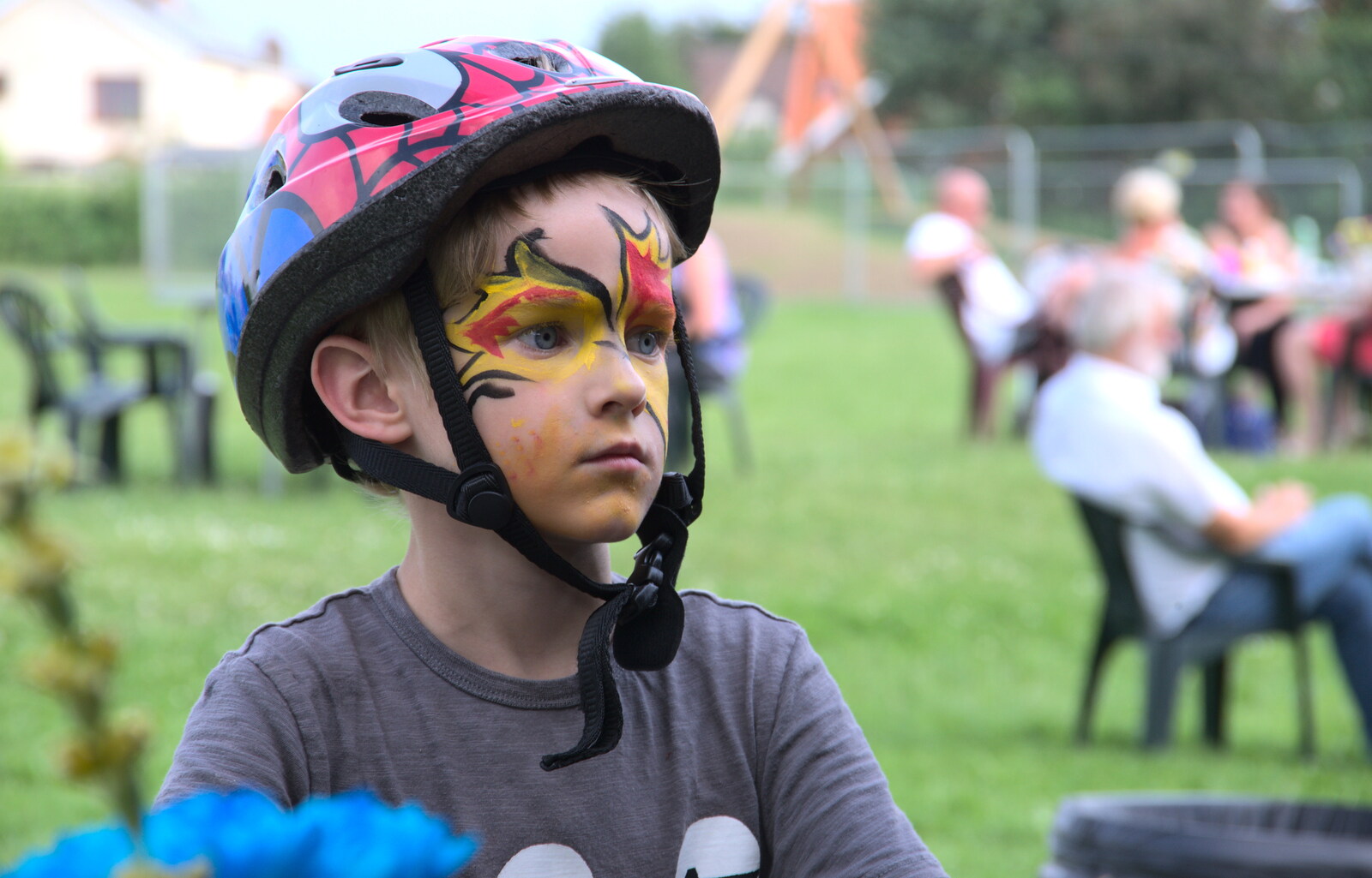 Harry in his bike helmet from The Not-Opening of the Palgrave Playground, Palgrave, Suffolk - 3rd June 2018