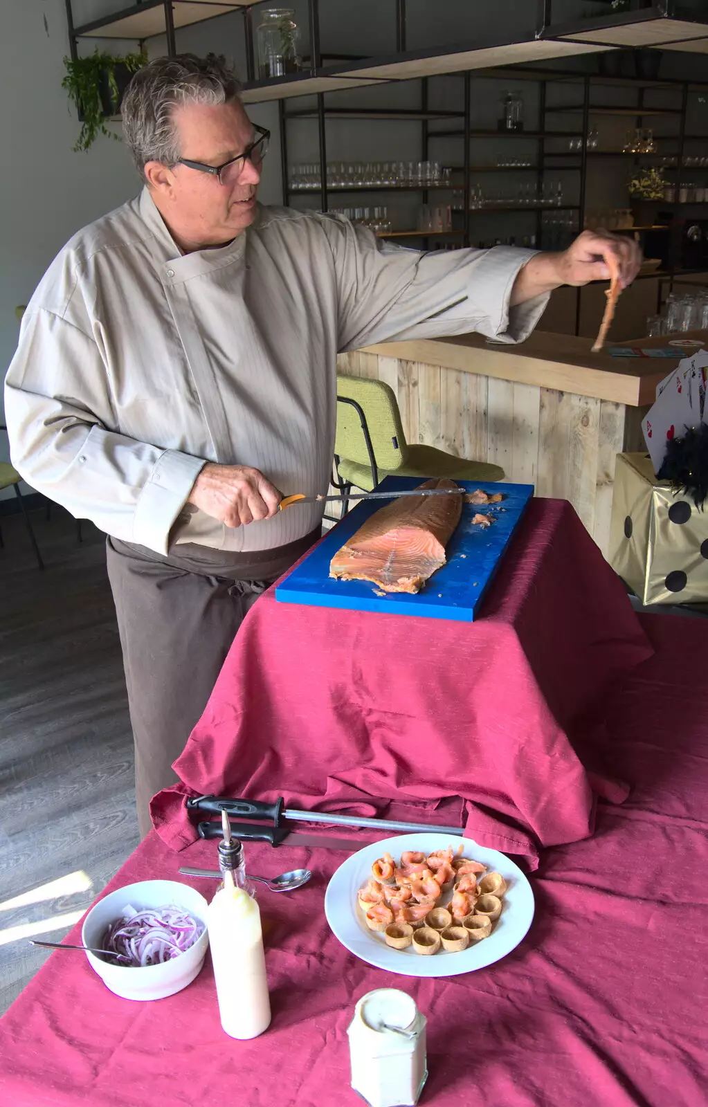 The salmon dude offers out some tasty smoked fish, from A Postcard From Asperen, Gelderland, Netherlands - 9th June 2018