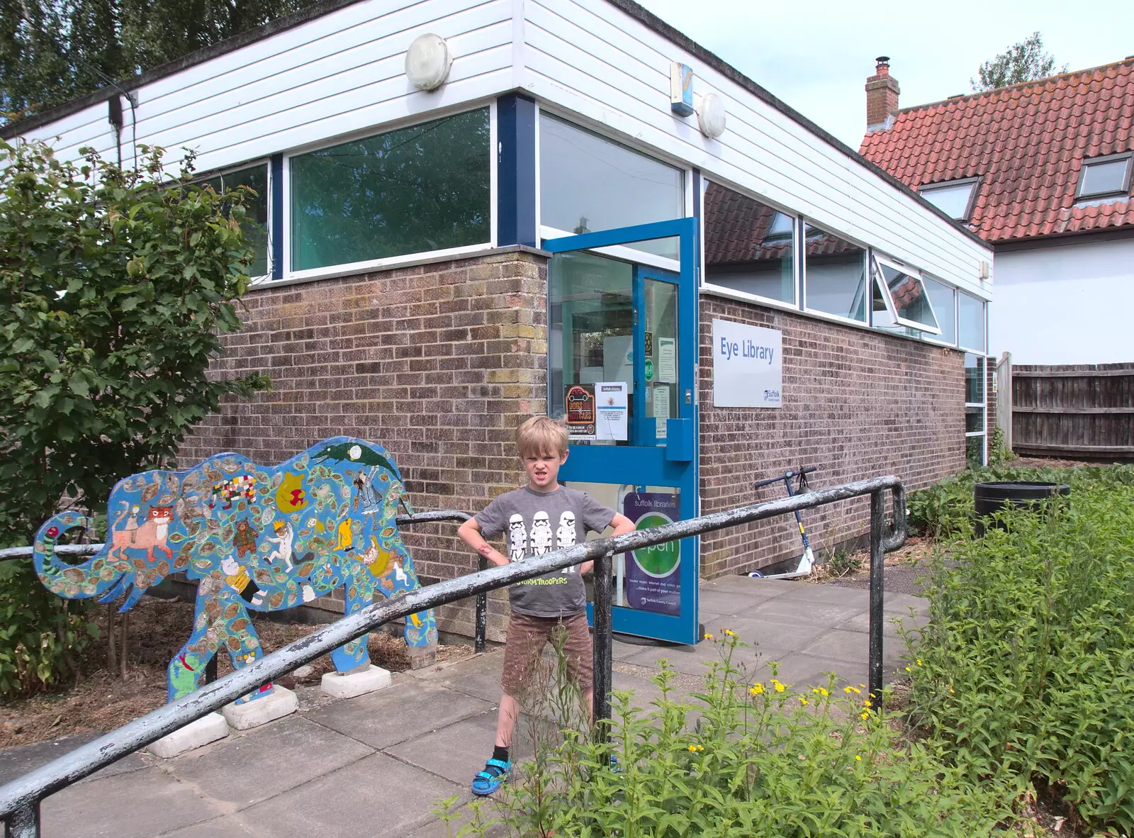 Harry stands outside Eye Library and roars, from The BSCC at the Hopton Vine, and Eye Randomness, Suffolk - 23rd June 2018