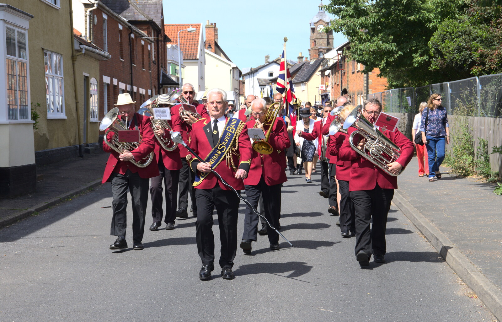 The silver band heads up Church Street from The Mayor Making Parade, Eye, Suffolk - 24th June 2018