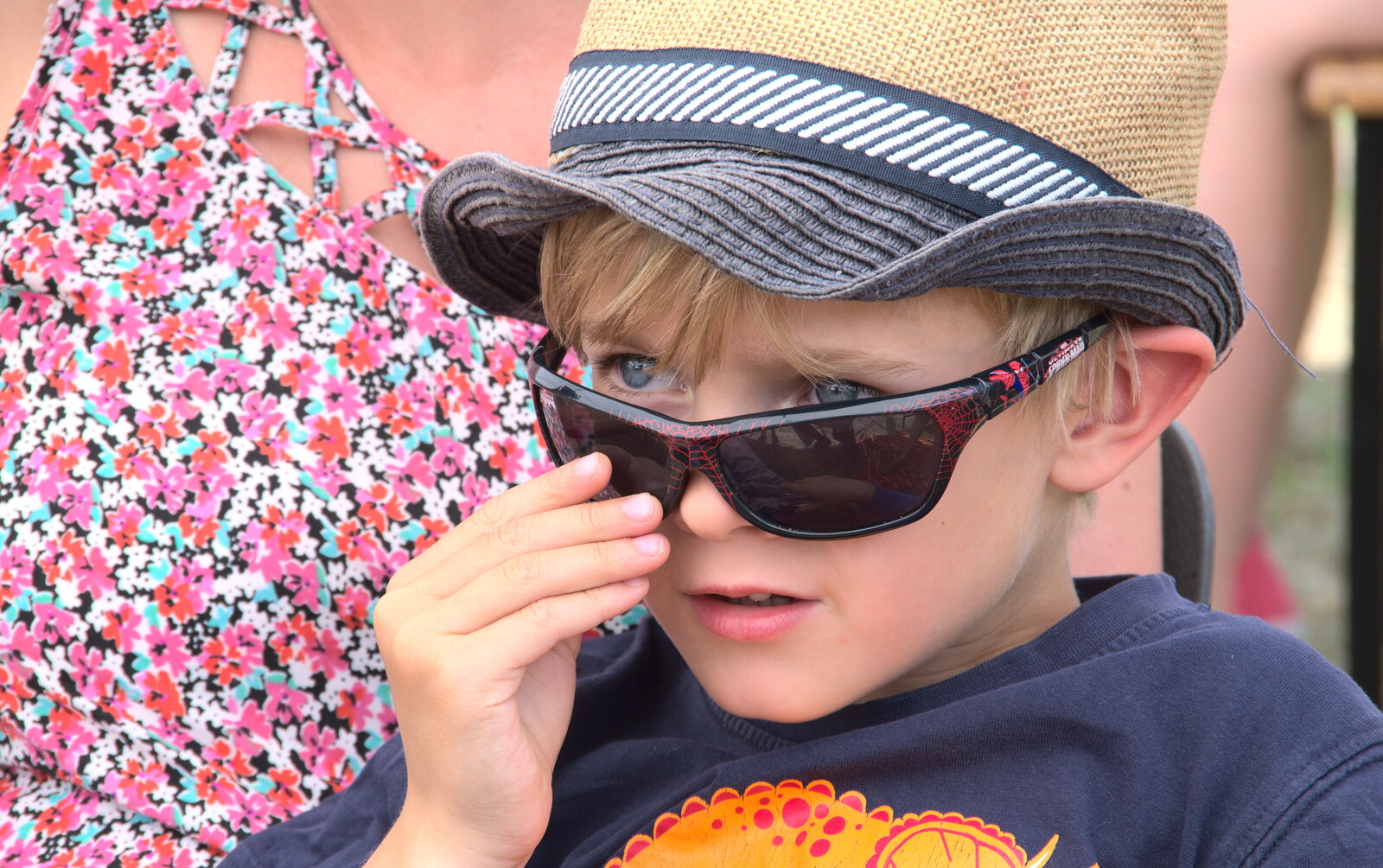 Harry looks over his shades from A Village Hog Roast, Little Green, Thrandeston, Suffolk - 24th June 2018