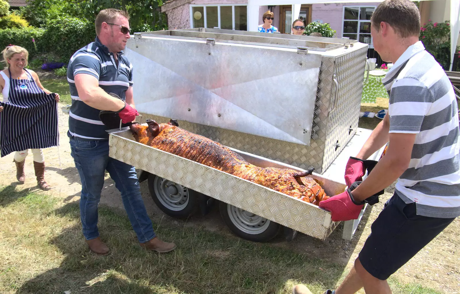 The crispy hog is hauled out, from A Village Hog Roast, Little Green, Thrandeston, Suffolk - 24th June 2018